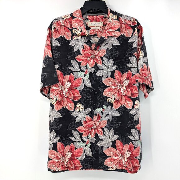 TOMMY BAHAMA Original Fit Shirt Men's M Red Poinsettia Bells Silk Loop Collar‎ - Picture 1 of 13